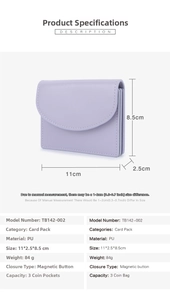Detailed view of purple PU leather card holder with magnetic snap and dimensions 11x2.5x8.5cm