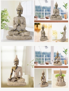 Vistas detalladas multiángulo de una estatua de Buda de resina para decoración zen del hogar