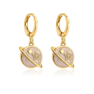 Gold plated planet earrings with pink marble enamel and cubic zirconia accents