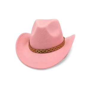 Close-up of pink felt cowboy hat with a brown patterned leather band on white background