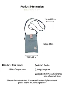Detailed product info for cute rabbit embroidered denim crossbody bag with dimensions