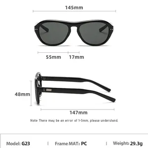 Detailed size chart for retro oversized sunglasses showing frame and lens dimensions