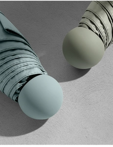 Detail of matte round handle and premium fabric on blue and green capsule umbrellas