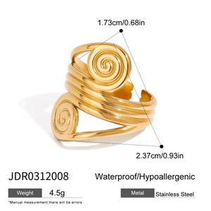 Golden double spiral stainless steel ring showing dimensions 1.73cm and 2.37cm