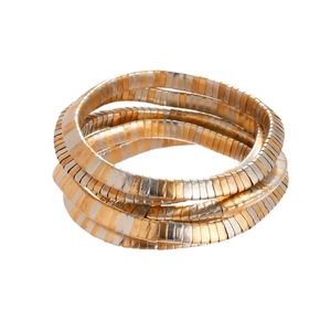 Three-layer layered metal bracelet featuring mixed gold and silver geometric snake chains