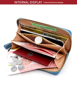 Detailed internal view of blue long wallet showing multiple card slots and phone pocket