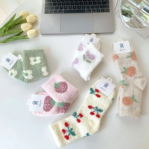Set of six warm coral fleece mid-tube socks with cute floral and fruit patterns for winter