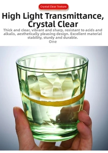 Detail of light green faceted acrylic tumbler with fresh lemon showing high transparency