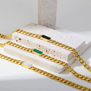 18K gold plated stainless steel Cuban link bracelets with black, green and white stones