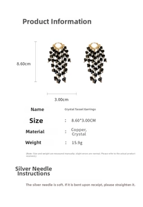 Black crystal tassel drop earrings size 8.6x3cm with gold copper and silver needles