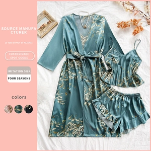 Elegant Floral Print Satin Robe Camisole And Shorts Loungewear V Neck Long Sleeve Belted Lightweight Sleepwear For Women