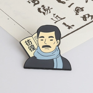Artistic cartoon enamel brooch featuring Lu Xun with blue scarf and a book