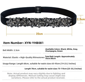 Size chart showing dimensions and colors of the elastic crystal belt with rhinestone flowers