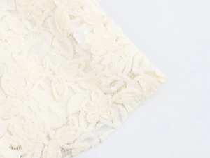 Gros plan sur un élégant tissu en dentelle florale beige avec broderie et détails fins