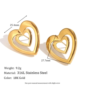 18K gold plated hollow double heart earrings in 316L stainless steel, side view with dimensions