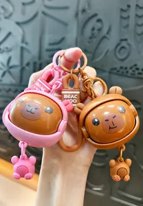Close-up of cute cartoon Capybara rotating face keychain with pink and brown ABS design.