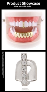 Detailed view of hip hop grillz with cubic zirconia inlay and gold plated metal finish