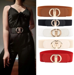 Elastic waist belts in five colors with interlocking gold buckles shown on model and flat