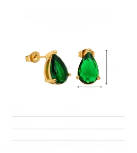 Detail of 13mm water drop green zircon earrings in 18K gold plated stainless steel