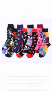 Detail of trendy cotton socks with red lip and eye prints, size 36-43 material overview