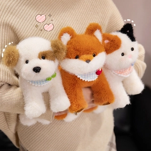 Simulated Animal Plush Toy Soft Calico Cat Puppy Fox Doll With Lace Plaid Scarf Cute Companion For Kids