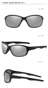 Polarized sports sunglasses in Sand Black Silver showing front, side and back views