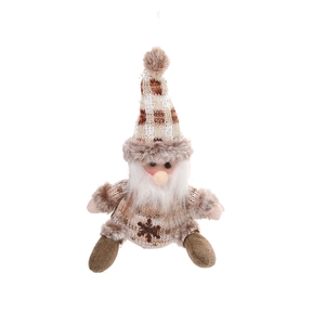 Brown and beige knitted Christmas gnome plush ornament with snowflake pattern for tree decor