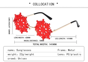 Detailed size chart of snowflake sunglasses with frame and lens measurements