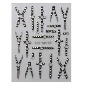 5D embossed dark punk nail stickers with silver and black metal cross and rivet designs
