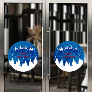 Blue Christmas window stickers with elk and Santa Claus silhouettes on glass doors