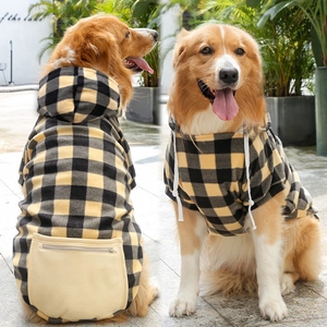Yellow and black checkerboard hooded dog sweater with zipper pocket for large pets
