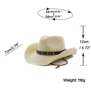 Detail of straw cowboy hat with leather band, shell buckle, and adjustable chin strap