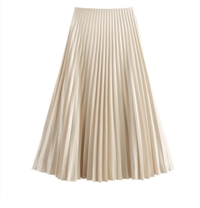 Detailed view of high-waisted pleated midi skirt in cream chiffon with sharp accordion folds