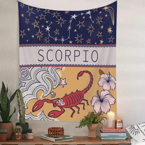 Detail of Scorpio zodiac tapestry showing boho illustration hanging in a cozy room decor