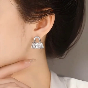 Silver needle handbag earrings with geometric square crystals and sparkling zircons