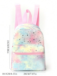Detailed dimensions of star print tie-dye backpack: 23cm height, 20cm width, 10.5cm depth