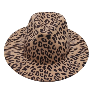Classic French leopard print fedora hat with a wide brim and wool felt texture