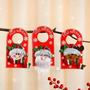 Christmas Door Handle Hanger Plush Doll Santa Snowman Reindeer Ornament Foam Board Festive Hanging Decor With Metal Bell