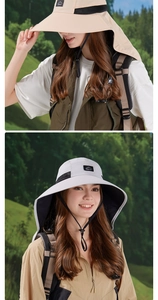 Outdoor sun hat detail showing wide brim, neck flap and breathable mesh in khaki and grey