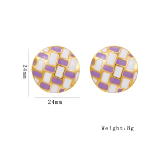Gold-plated round earrings with purple and white checkered enamel, 24mm diameter size