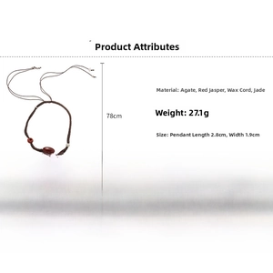Detail view of ethnic wax cord necklace with agate and jade pendant including dimensions