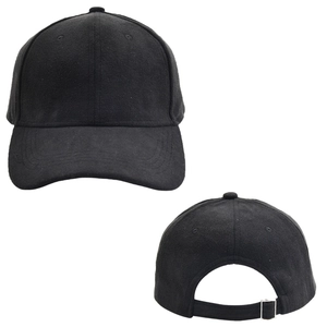 Detail view of black faux suede baseball cap with adjustable metal buckle strap back