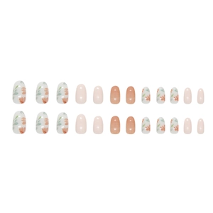 24pcs floral and solid color press-on nails in oval shape with orange-green flower design