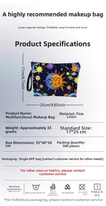 Linen cosmetic bag with sun and moon print showing 17x25cm size and washing instructions