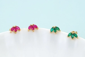 Minimalist geometric stud earrings with marquise-cut pink and green colorful zircons