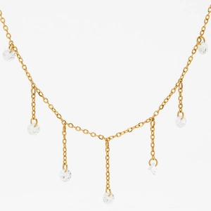 Elegant gold chain necklace featuring six shimmering round zircon tassels on a white background