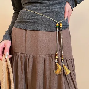 Ethnic Bohemian Braided Rope Wood Beads Tassel Waist Chain Long Necklace New Chinese Style Jewelry Accessory Women
