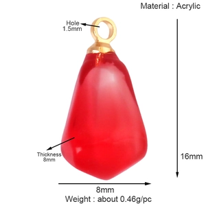 Macro detail of 16mm red acrylic pomegranate seed fruit charm with 1.5mm hole