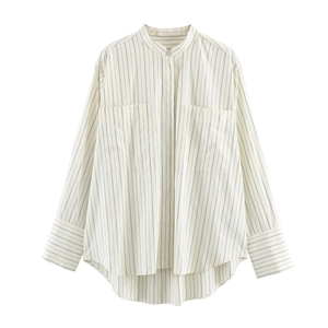 Striped Blouse Women Long Sleeve Band Collar Loose Fit Polyester Shirt With Large Pockets Casual High-Low Hem Top