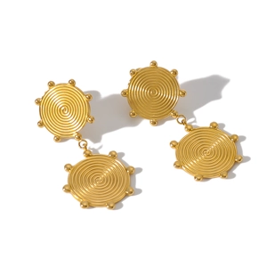 Vintage 18k gold plated stainless steel drop earrings with spiral texture and beaded edges